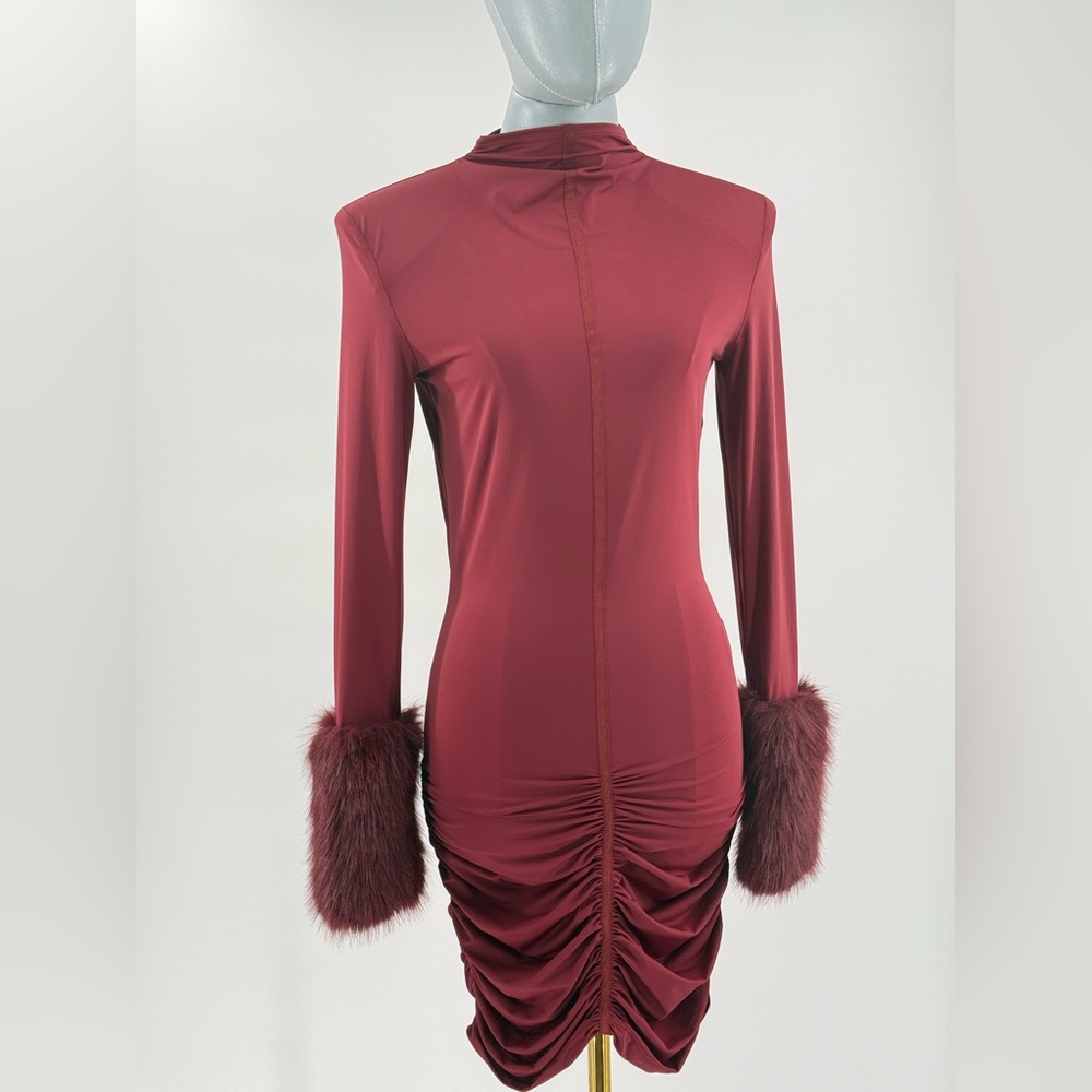 🆕 BRONX & BANCO 🧿 NWOT Eleanor Burgundy Fur Trimmed Mini Dress, Sz L US 8 - Picture 13 of 17